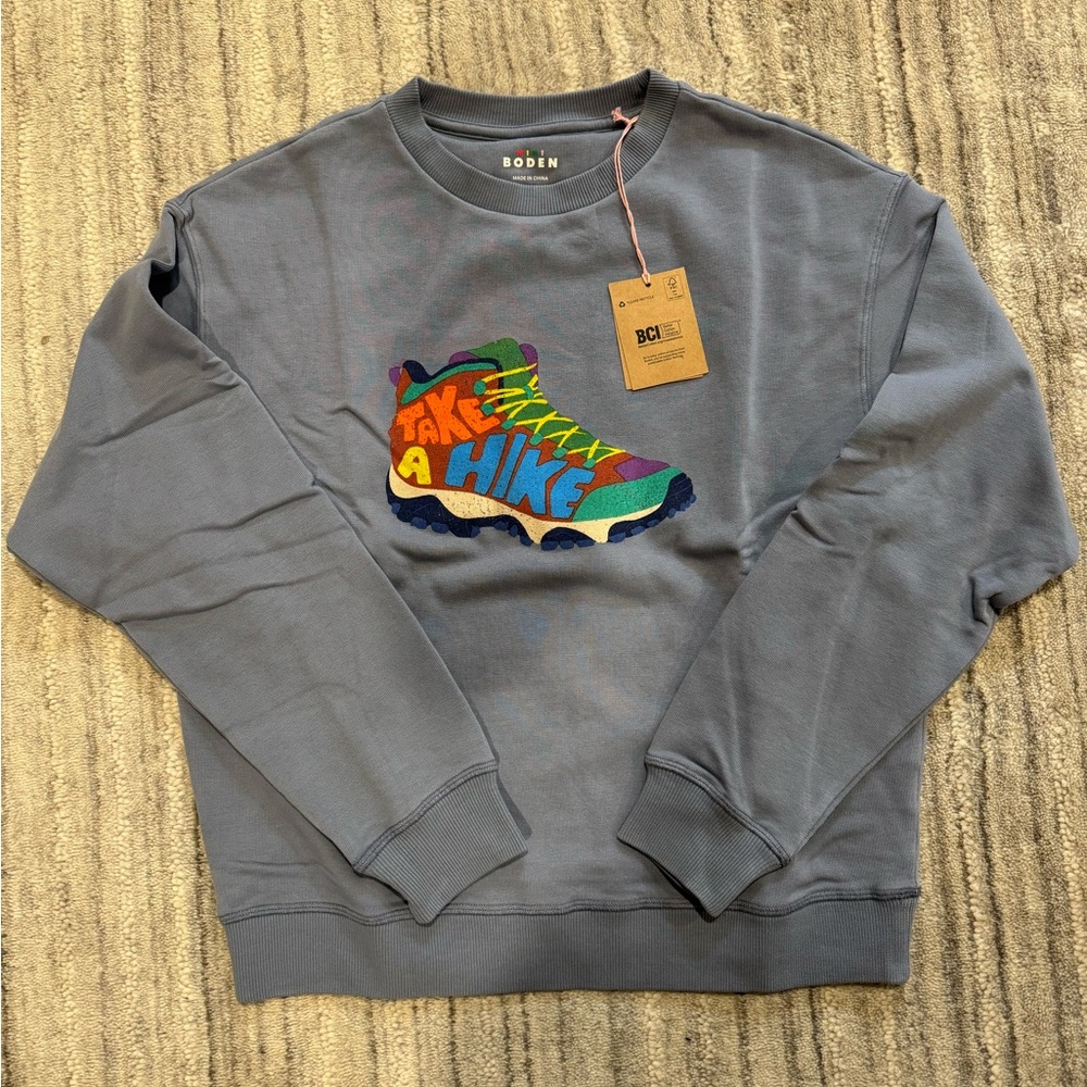 NWT Mini Boden Garment Dye “Take a Hike” sweatshirt. Size 11-12Y.